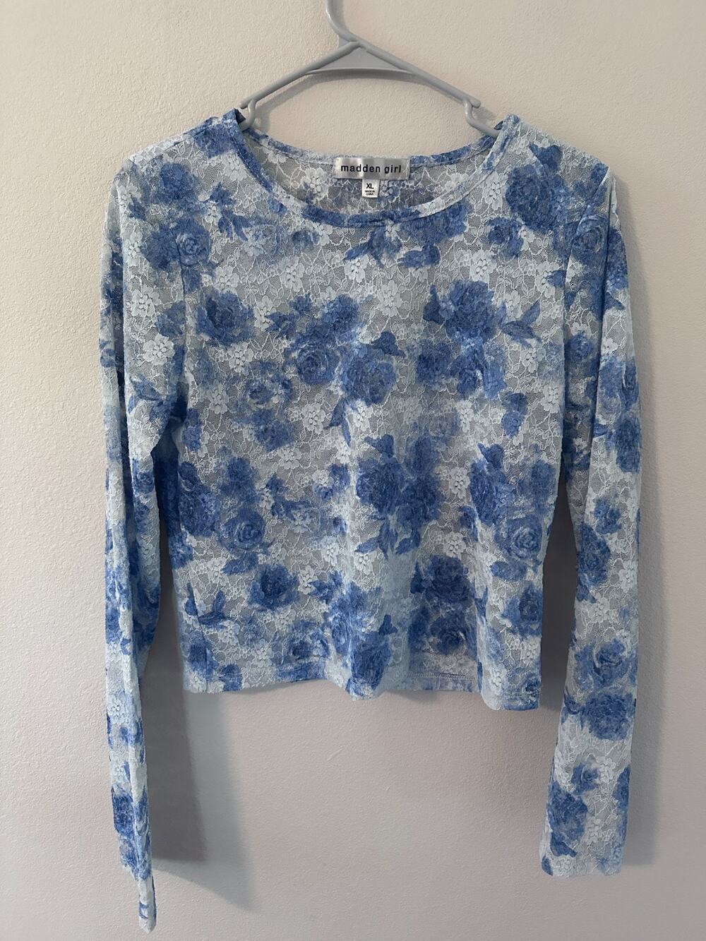 Madden Girl size XL sheer floral blue white layering shirt long sleeve cropped
